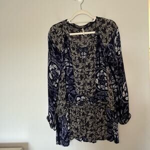 Free People Womens Peasant Top Medium Blue Floral Boho Flowy Cottagecore Fairy